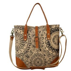 Myra Bag Handmade Le Medallion Shoulder Bag Upcycled Canvas & Cowhide Leather